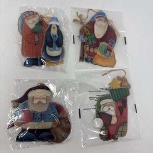 4 Vintage Crazy Mountain Santa Christmas Ornaments Flat Painted